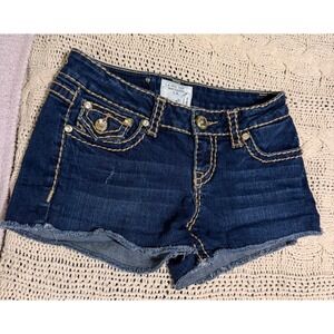 LA Idol USA Y2K  Dark Wash Rhinestone Thick Stitch Cut Off Denim Shorts Size S